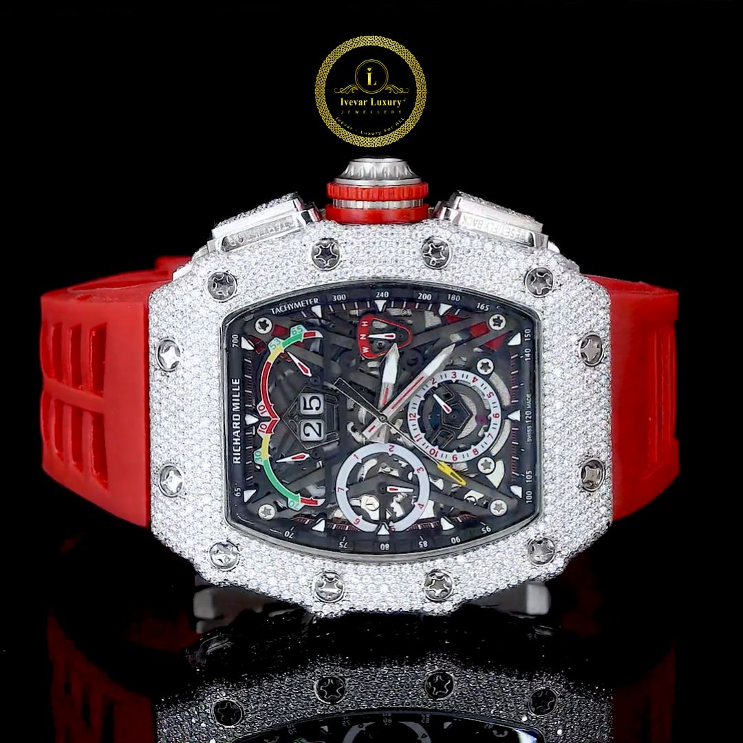 Skeleton Chronograph Diamond Watch with Red Rubber Strap & Large Date