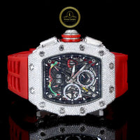 Skeleton Chronograph Diamond Watch with Red Rubber Strap & Large Date