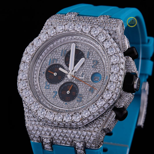 Half Iced Out Diamond Chronograph Watch with Blue Rubber Strap & Pavé Dial