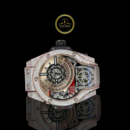 Diamond Tonneau Tourbillon Skeleton Watch with Rose Gold Case & Black Rubber Strap