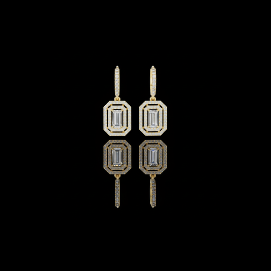 Art Deco Octagonal Double Halo Emerald Cut Lab Grown Diamond Huggie Drop Earrings