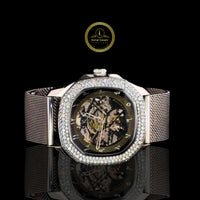 Skeleton Watch with Diamond Bezel & Milanese Mesh Bracelet
