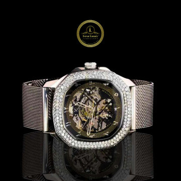 Skeleton Watch with Diamond Bezel & Milanese Mesh Bracelet