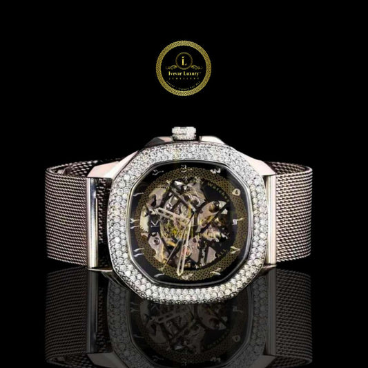 Skeleton Watch with Diamond Bezel & Milanese Mesh Bracelet