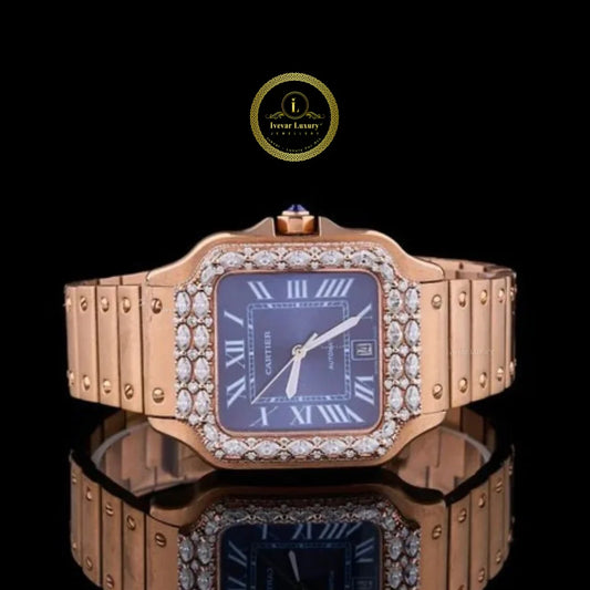Marquise & Round Cut Lab Grown Diamond Bezel Square Automatic Watch with Integrated Screw Link Bracelet