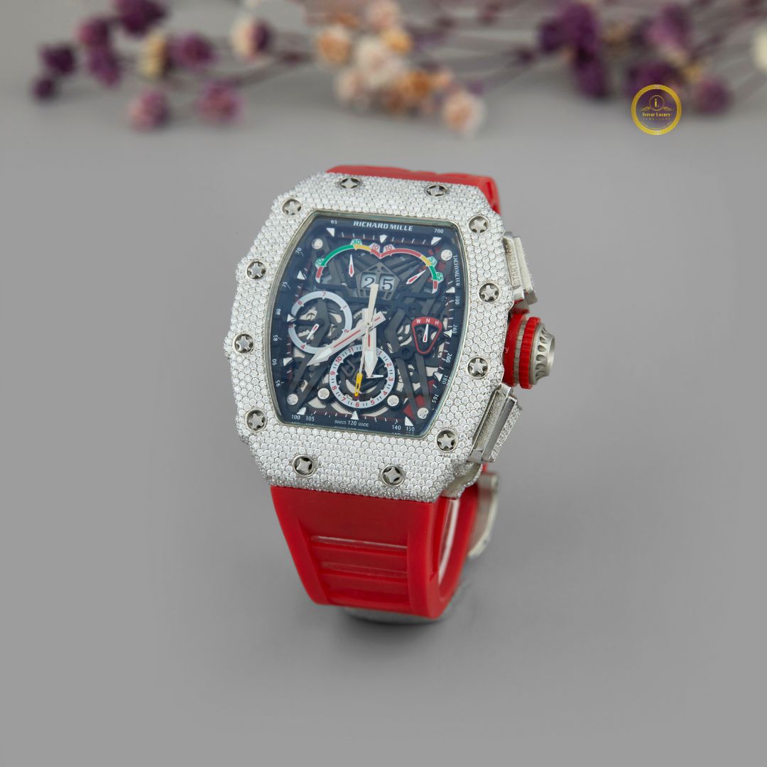 Skeleton Chronograph Diamond Watch with Red Rubber Strap & Large Date - View 2