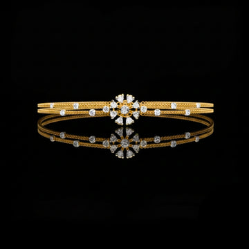 Round Moissanite Diamond Double Strand Bangle Bracelet with Floral Center