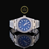 Round Cut Diamond Bezel Blue Dial Stainless Steel Oyster Bracelet Watch