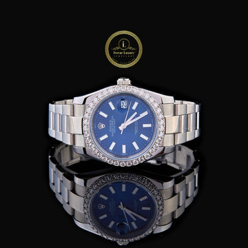 Round Cut Diamond Bezel Blue Dial Stainless Steel Oyster Bracelet Watch