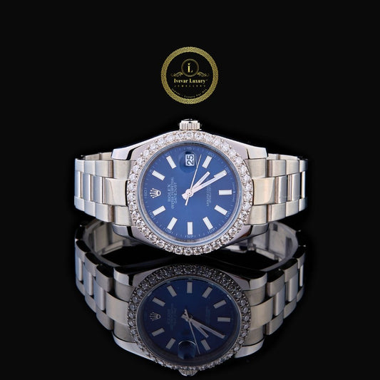 Round Cut Diamond Bezel Blue Dial Stainless Steel Oyster Bracelet Watch