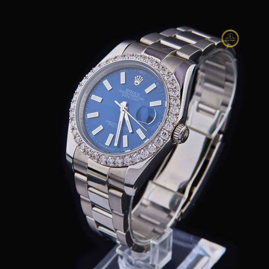 Round Cut Diamond Bezel Blue Dial Stainless Steel Oyster Bracelet Watch