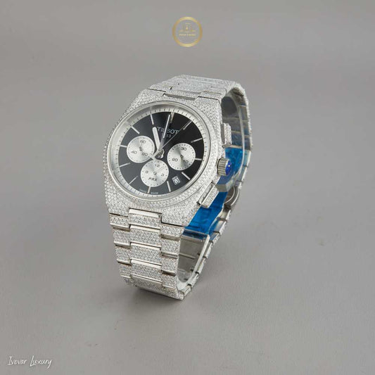 Black Chronograph Diamond Watch with Pavé Bracelet & White Gold Finish