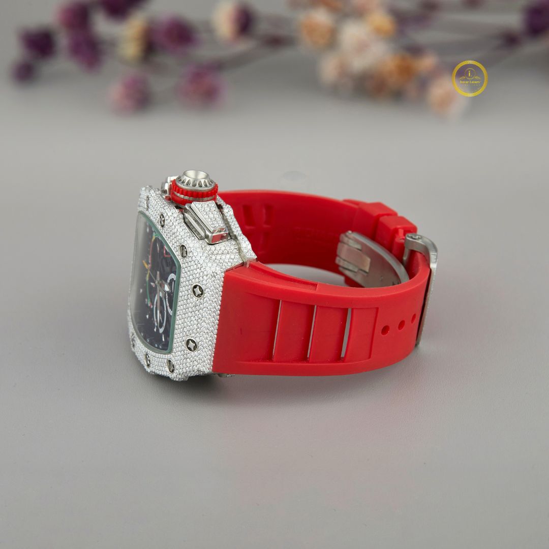 Skeleton Chronograph Diamond Watch with Red Rubber Strap & Large Date - View 3