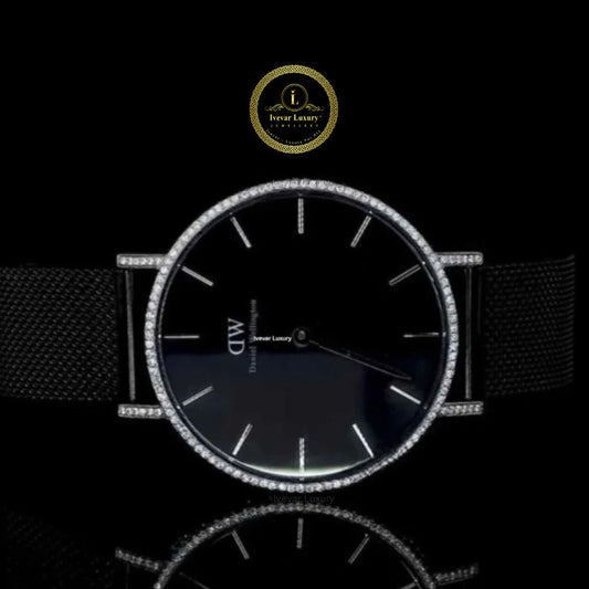 Round Cut Moissanite Diamond Bezel Watch with Milanese Mesh Bracelet