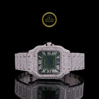 Full Iced Out Round Cut Diamond Square Automatic Watch with Green Roman Numeral Dial