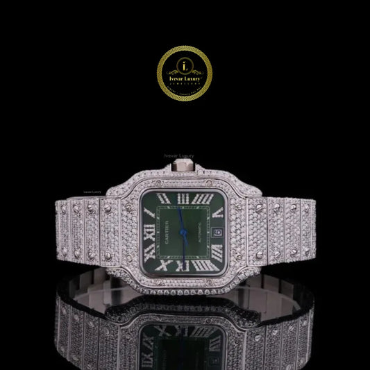 Full Iced Out Round Cut Diamond Square Automatic Watch with Green Roman Numeral Dial