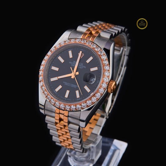 Round Cut Diamond Bezel Black Dial Two-Tone Jubilee Bracelet Watch
