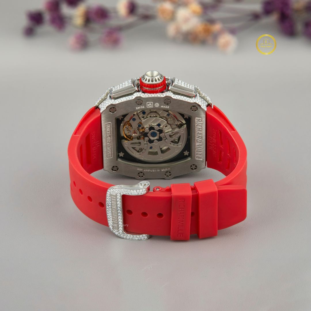 Skeleton Chronograph Diamond Watch with Red Rubber Strap & Large Date - View 4