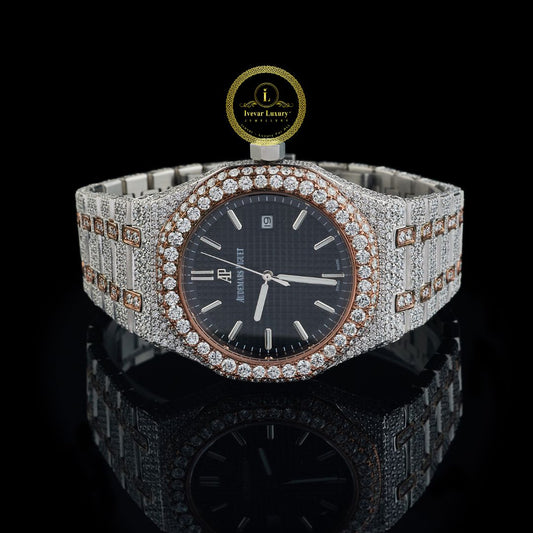 Full Iced Out Diamond Watch with Black Tapisserie Dial & Two-Tone Diamond Bezel