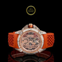 Baguette Diamond Skeleton Round Automatic Watch with Orange Rubber Strap