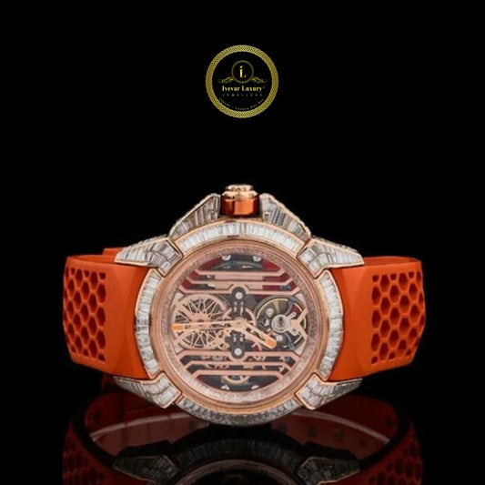 Baguette Diamond Skeleton Round Automatic Watch with Orange Rubber Strap