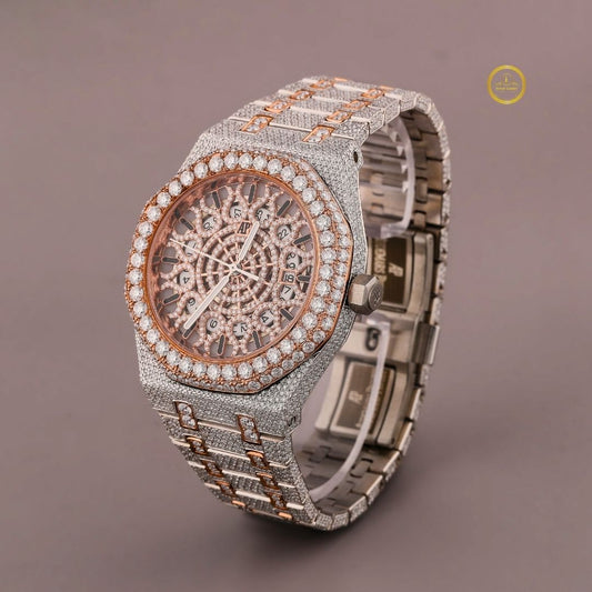 Full Iced Out Skeleton Diamond Watch with Two-Tone Pave Bracelet & Rose Gold Dial