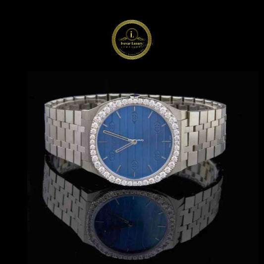 Round Cut Diamond Bezel Blue Dial Dress Watch with Multi-Link Bracelet