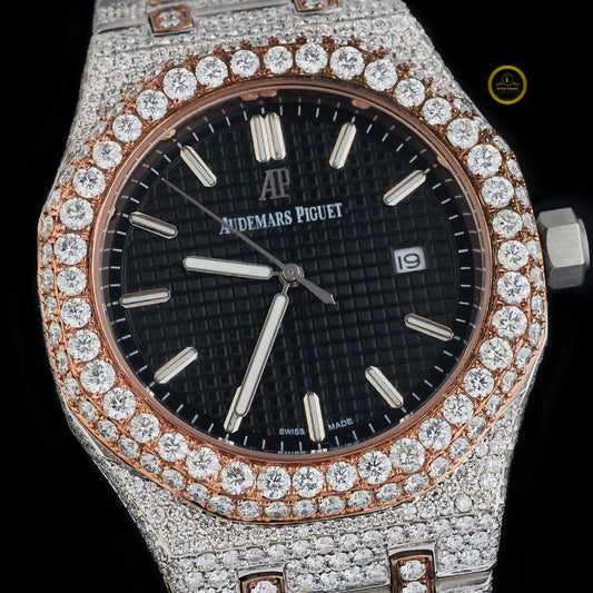 Full Iced Out Diamond Watch with Black Tapisserie Dial & Two-Tone Diamond Bezel