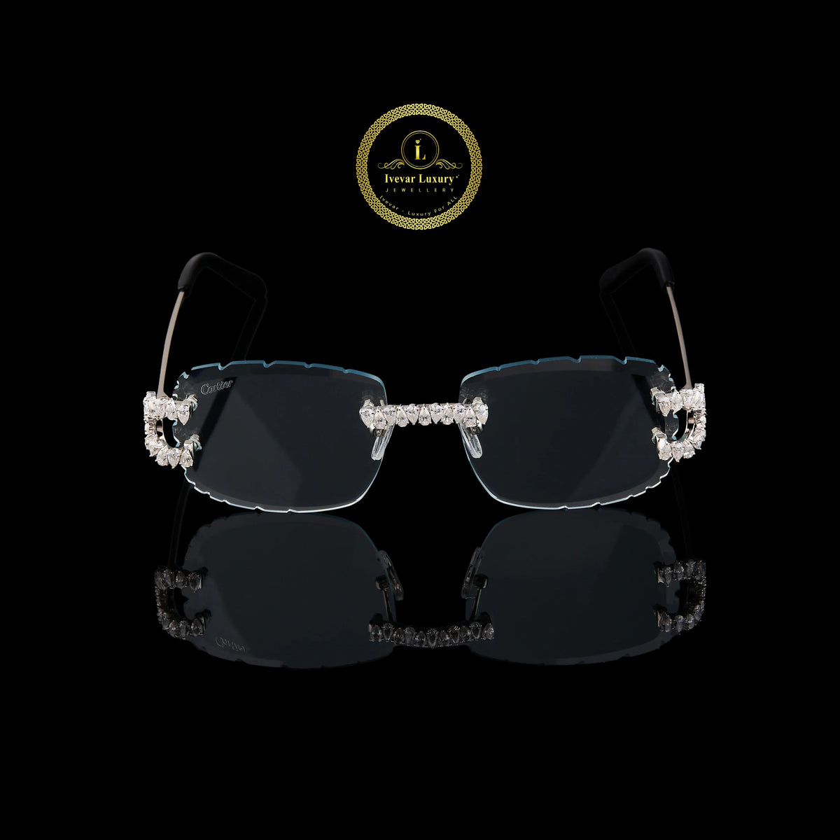 Rimless Rectangular Diamond Sunglasses with Floral Bridge & Open-Loop Diamond Hinges