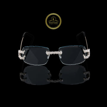 Rimless Rectangular Diamond Sunglasses with Floral Bridge & Open-Loop Diamond Hinges