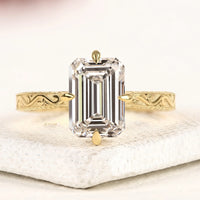 Emerald Cut Moissanite Lab Grown Ring with Engraved Band