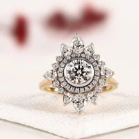 Sunburst Floral Halo Round Cut Lab Diamond Engagement Ring