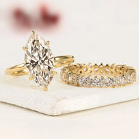 Marquise Cut Moissanite Diamond Bridal Set with Pave Wedding Band