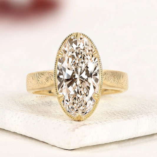 Vintage Oval Cut Lab Solitaire Diamond Ring with Engraved Band