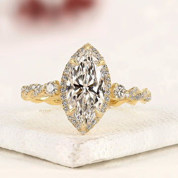 Marquise Cut Halo Moissanite Diamond Ring with Twisted Pave Band