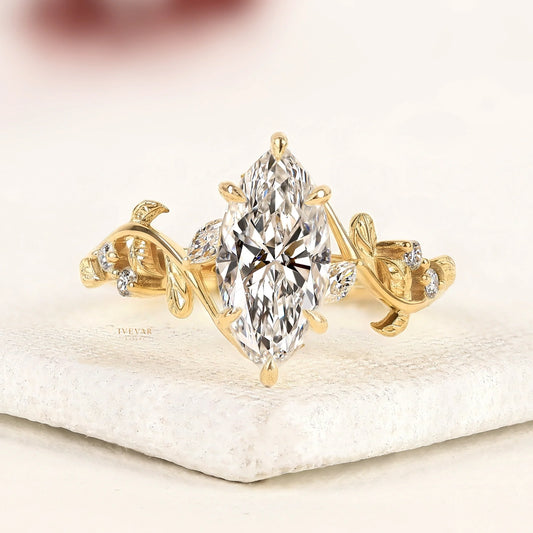 Marquise Cut Lab Diamond Ring with Twisted Floral Vine Band