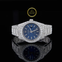Full Iced Out Diamond Watch with Royal Blue Dial & Diamond Bezel