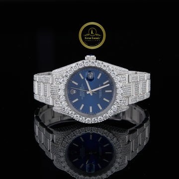 Full Iced Out Diamond Watch with Royal Blue Dial & Diamond Bezel