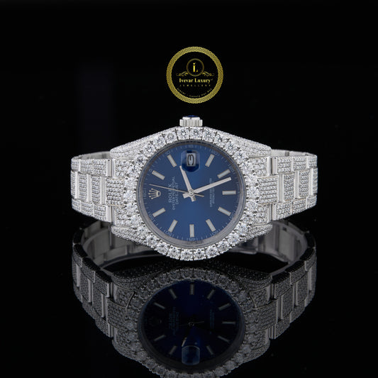 Full Iced Out Diamond Watch with Royal Blue Dial & Diamond Bezel