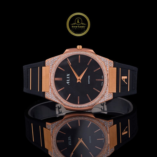 Rose Gold Diamond Bezel Black Strap Luxury Watch