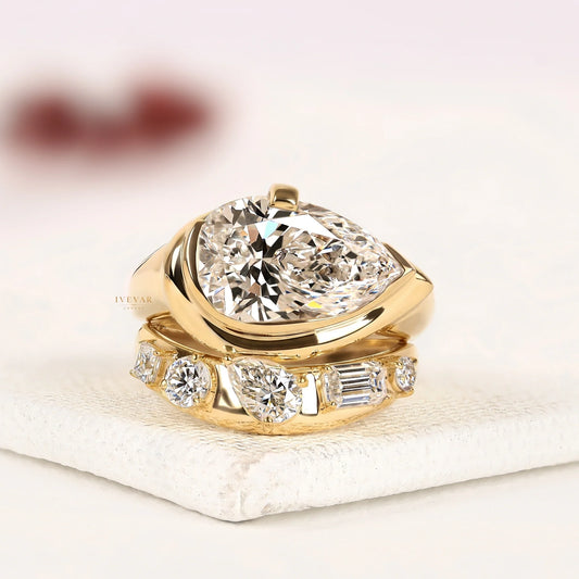 Pear Cut Lab Diamond Bridal Ring Set with Mixed Cut Band