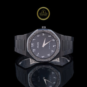 Sleek Minimalist Diamond Bezel Arabic Dial Studded Steel Watch
