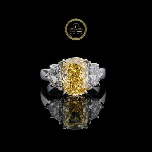 Yellow Cushion Cut Moissanite Diamond Ring with Side Stone