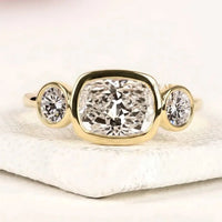 Bezel Setting Three Stone Cushion Moissanite Diamond Ring