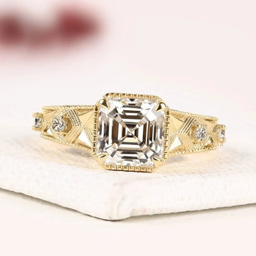 Vintage Asscher Cut Milgrain Engraved Moissanite Diamond Ring