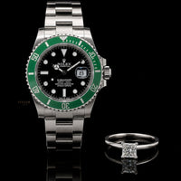 Emerald Prestige Duo Green Bezel Watch & Princess Cut Moissanite Diamond Ring Set