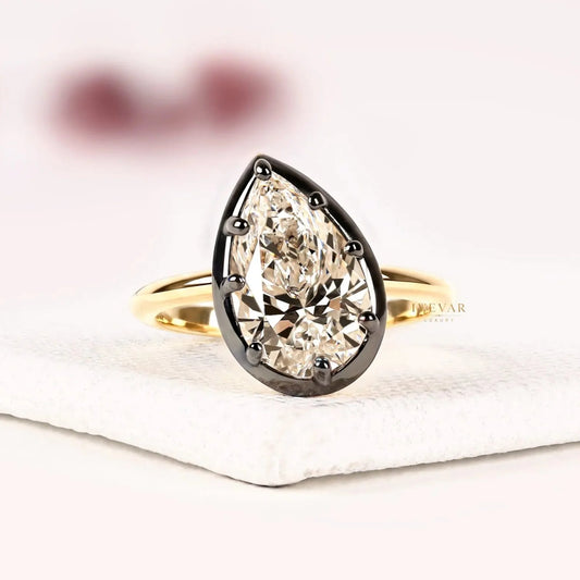 Black Bezel Pear Cut Lab Diamond Solitaire Engagement Ring