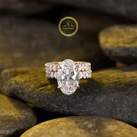 Oval Cut Solitaire Moissanite Diamond Ring with Double Pave Band