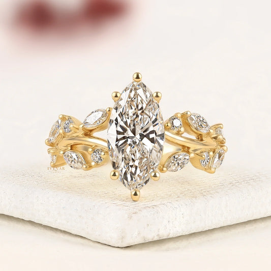 Marquise Cut Lab Diamond Ring with Leaf Band