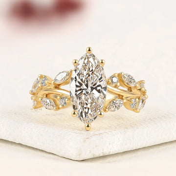 Marquise Cut Moissanite Diamond Ring with Leaf Band
